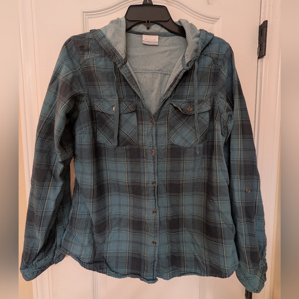 Columbia Women's Blue Plaid Flannel Shirt with Gray Hood